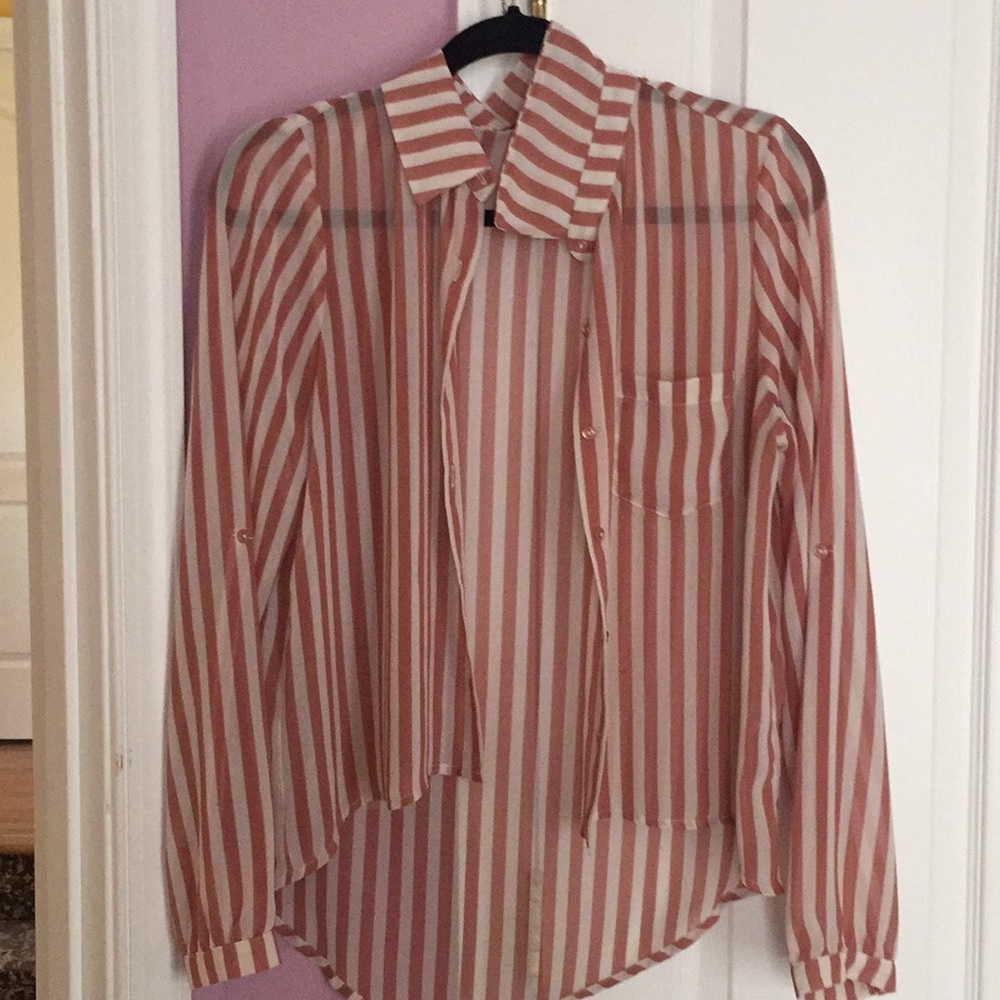 Deep mauve/brown and white striped bottom down.